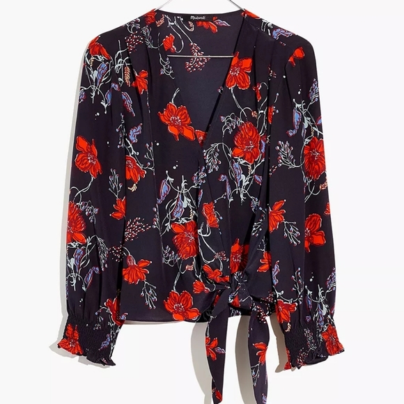 NWT Madewell Silk Smocked-Sleeve Wrap Top Floral - Picture 4 of 4